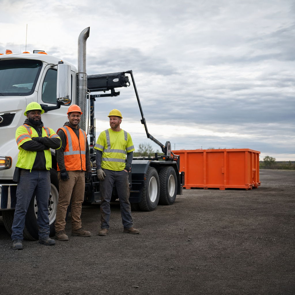 High-visibility crew standing beside a roll-off delivery truck at an equipment yard, orange container staged behind