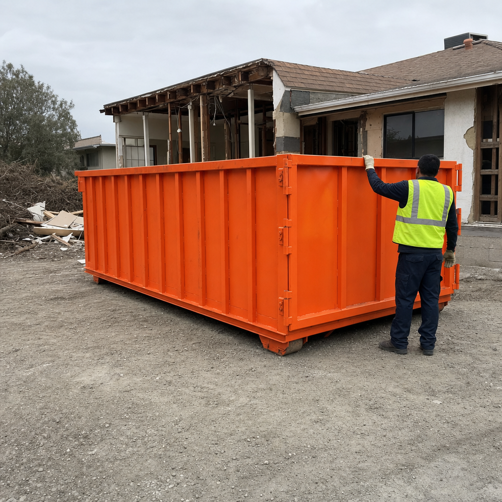 Hi-vis worker beside a freshly placed orange roll-off dumpster at an active construction and renovation jobsite