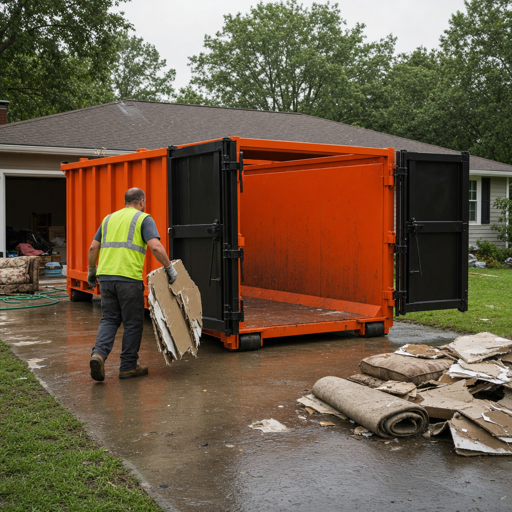 Hi-vis worker carrying soaked drywall to the open rear door of an orange roll-off dumpster during flood cleanup, waterlogged debris beside it